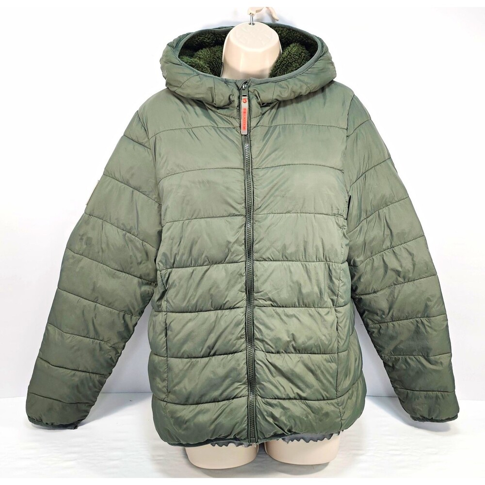 Peloton Hudson Puffer Jacket Women Medium Olive Green Sherpa Lined Hooded Sz M